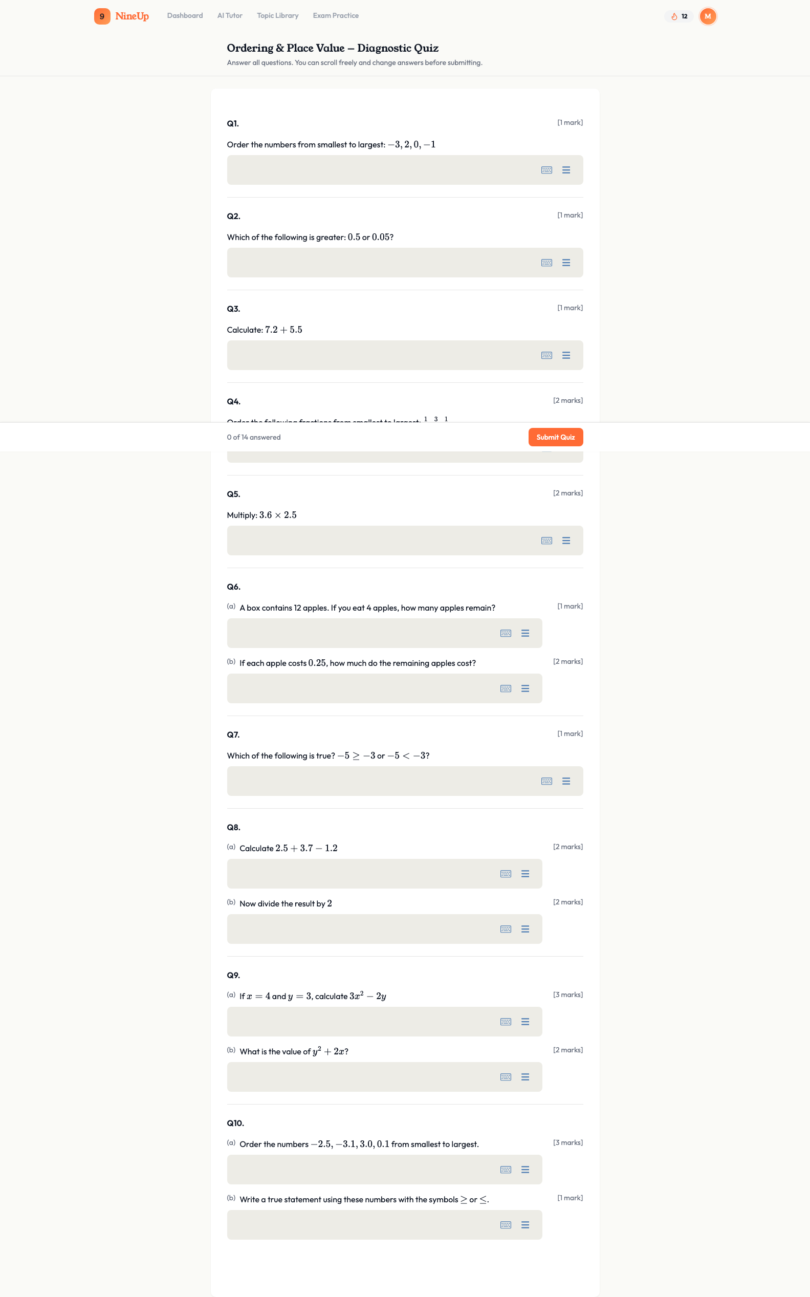 NineUp diagnostic quiz aligned to Edexcel GCSE specification