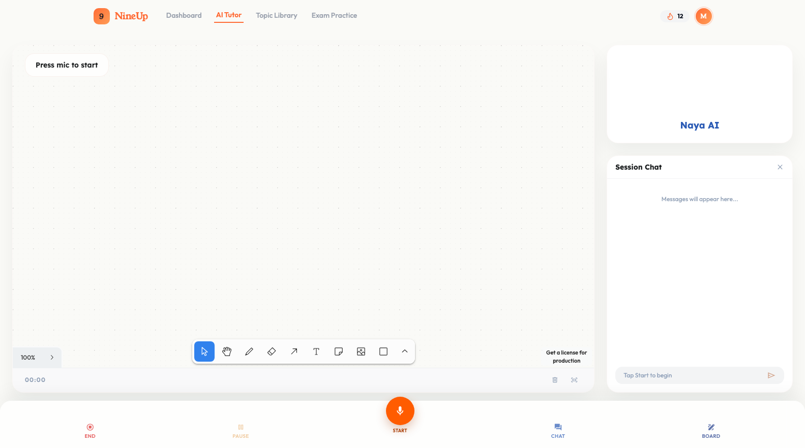 NineUp AI tutor whiteboard session with Naya AI assistant