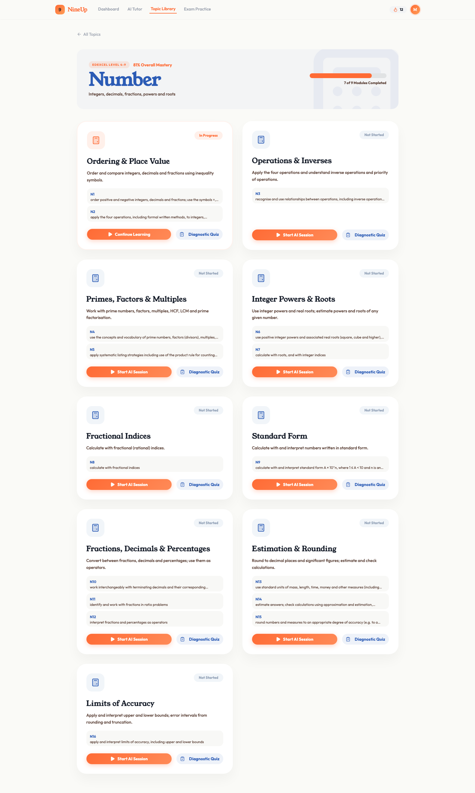 NineUp topic library showing Edexcel GCSE syllabus breakdown